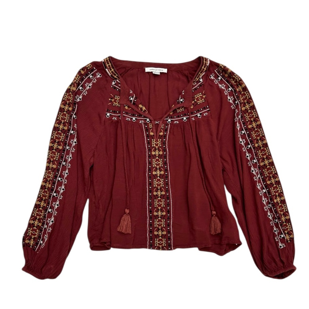 American Eagle Boho Embroidered Burgundy Blouse